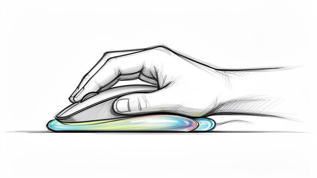 Skica roke, ki uporablja računalniško miško na barviti ergonomski podlogi za zapestje.