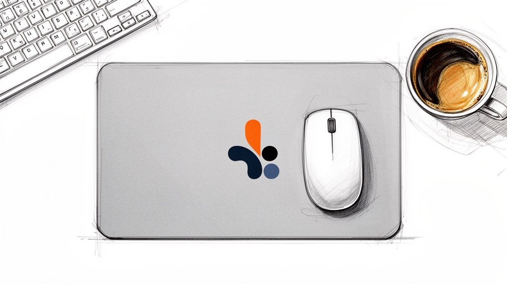 Delovni prostor s skiciranimi elementi: podloga za miško, optična miška, tipkovnica in kava.