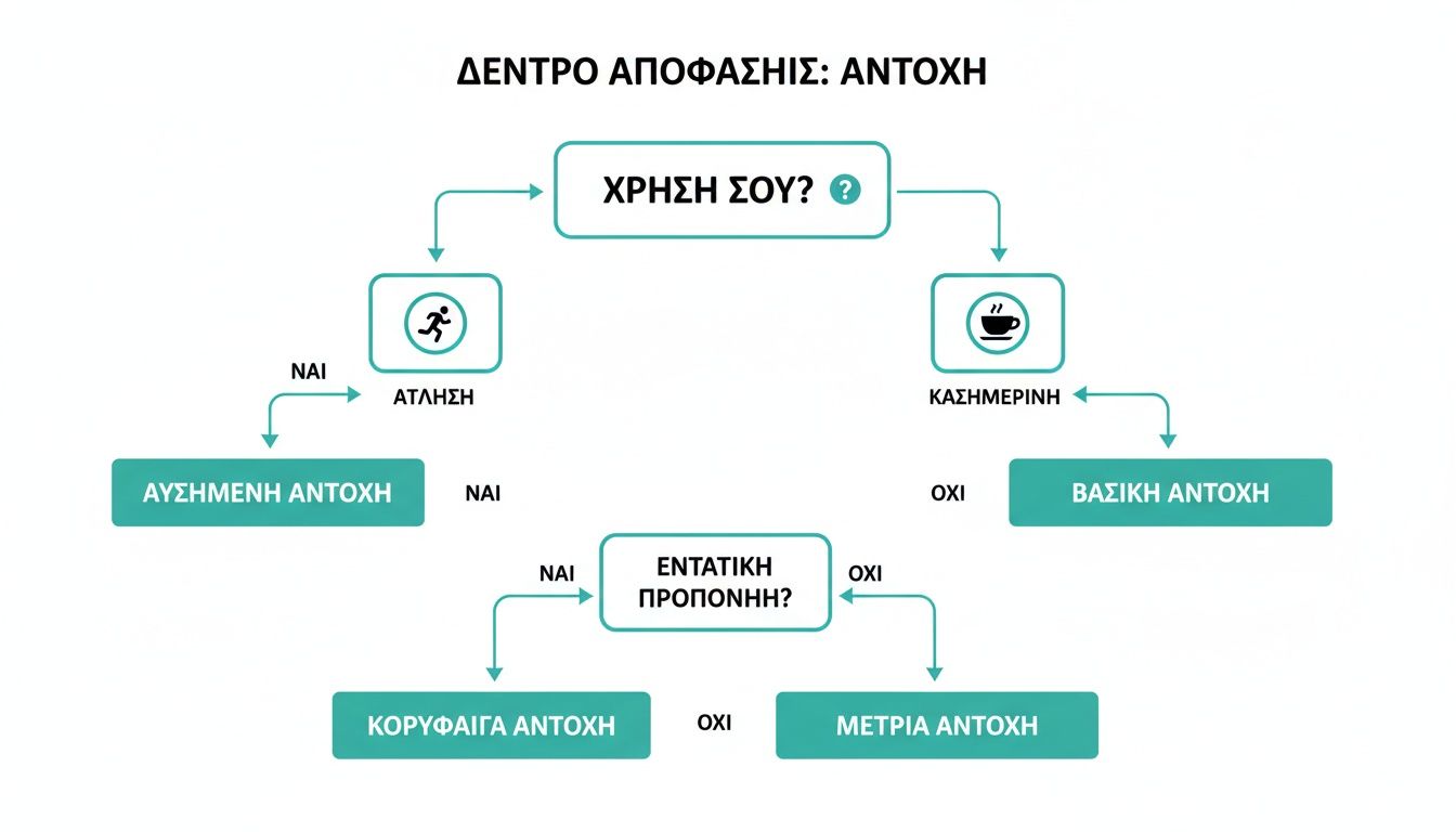Διάγραμμα ροής που απεικονίζει ένα δέντρο απόφασης για την αντοχή, με βάση τη χρήση και την προπόνηση.