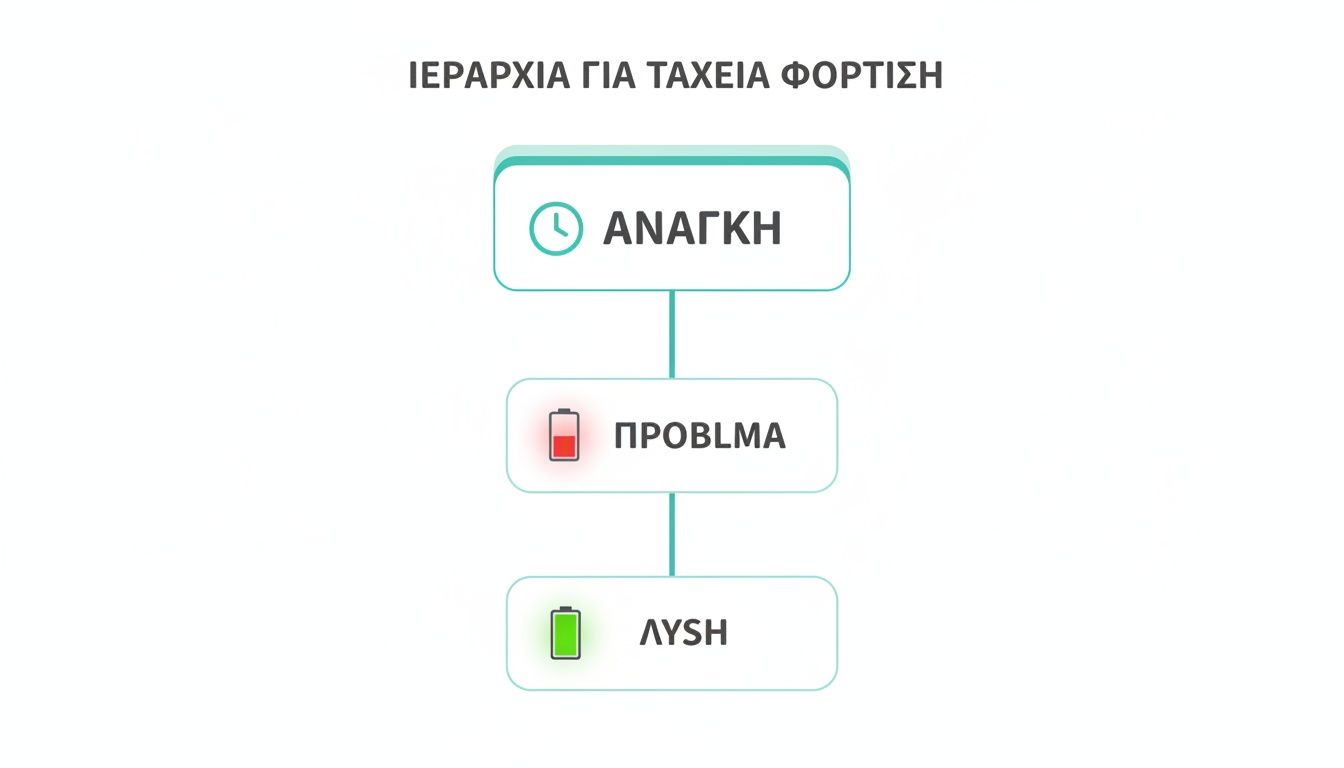 Διάγραμμα ιεραρχίας ταχείας φόρτισης που δείχνει Ανάγκη, Πρόβλημα και Λύση με εικονίδια.