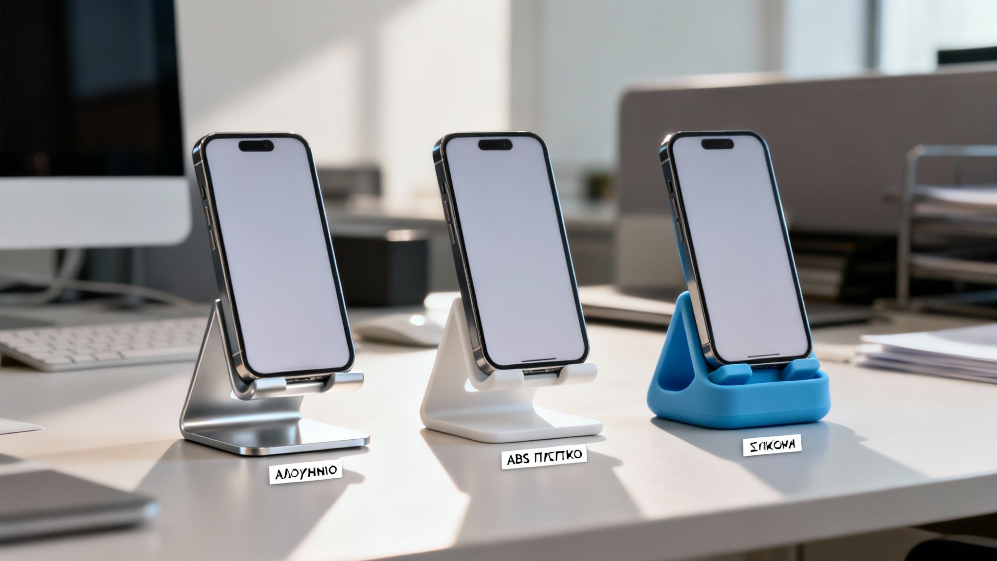 Τρία smartphones σε βάσεις γραφείου από αλουμίνιο, πλαστικό ABS και σιλικόνη, σε ένα γραφείο.