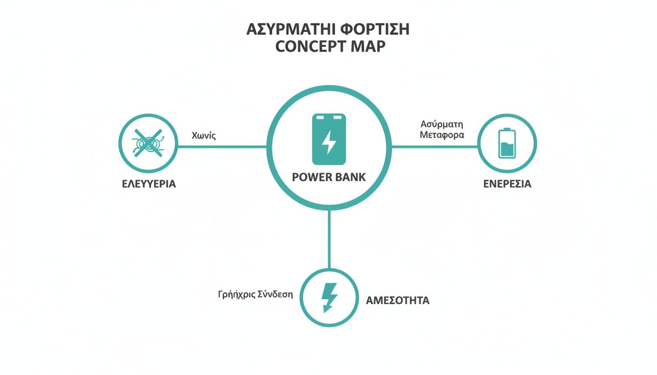 Διάγραμμα εννοιών για ασύρματη φόρτιση με power bank, που συνδέεται με ελευθερία, ενέργεια και αμεσότητα.
