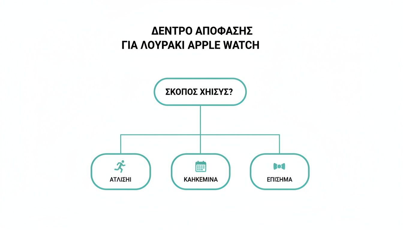 Διάγραμμα δέντρου απόφασης για την επιλογή λουριού Apple Watch, με επιλογές χρήσης: άθληση, καθημερινά, επίσημα.