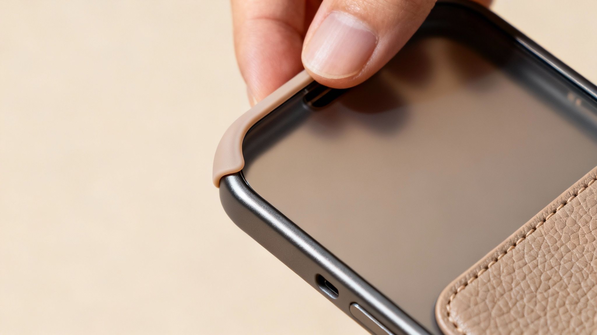 Δάχτυλο κρατά την επάνω γωνία ενός iPhone με μπεζ θήκη, αναδεικνύοντας την προστασία.