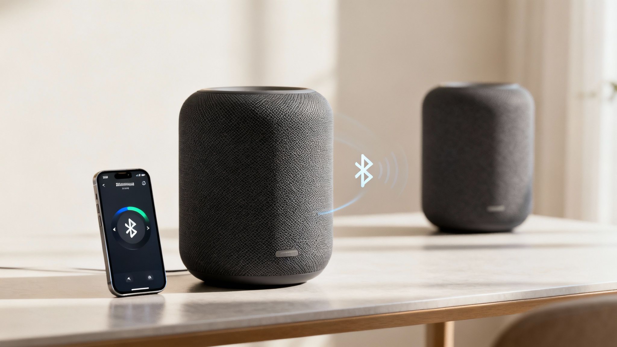 Ένα smartphone συνδέεται ασύρματα με ένα ηχείο Bluetooth, με ένα δεύτερο ηχείο στο παρασκήνιο.