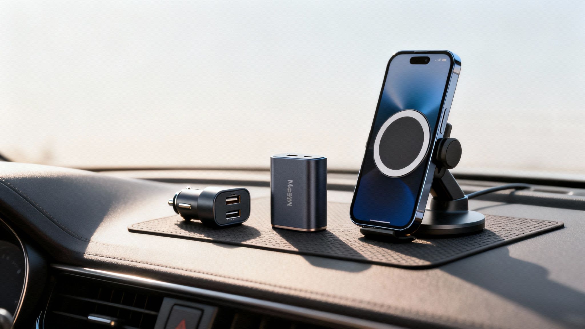 Φορτιστές αυτοκινήτου, power bank και βάση κινητού με MagSafe στο ταμπλό, σε ένα φωτεινό εξωτερικό περιβάλλον.