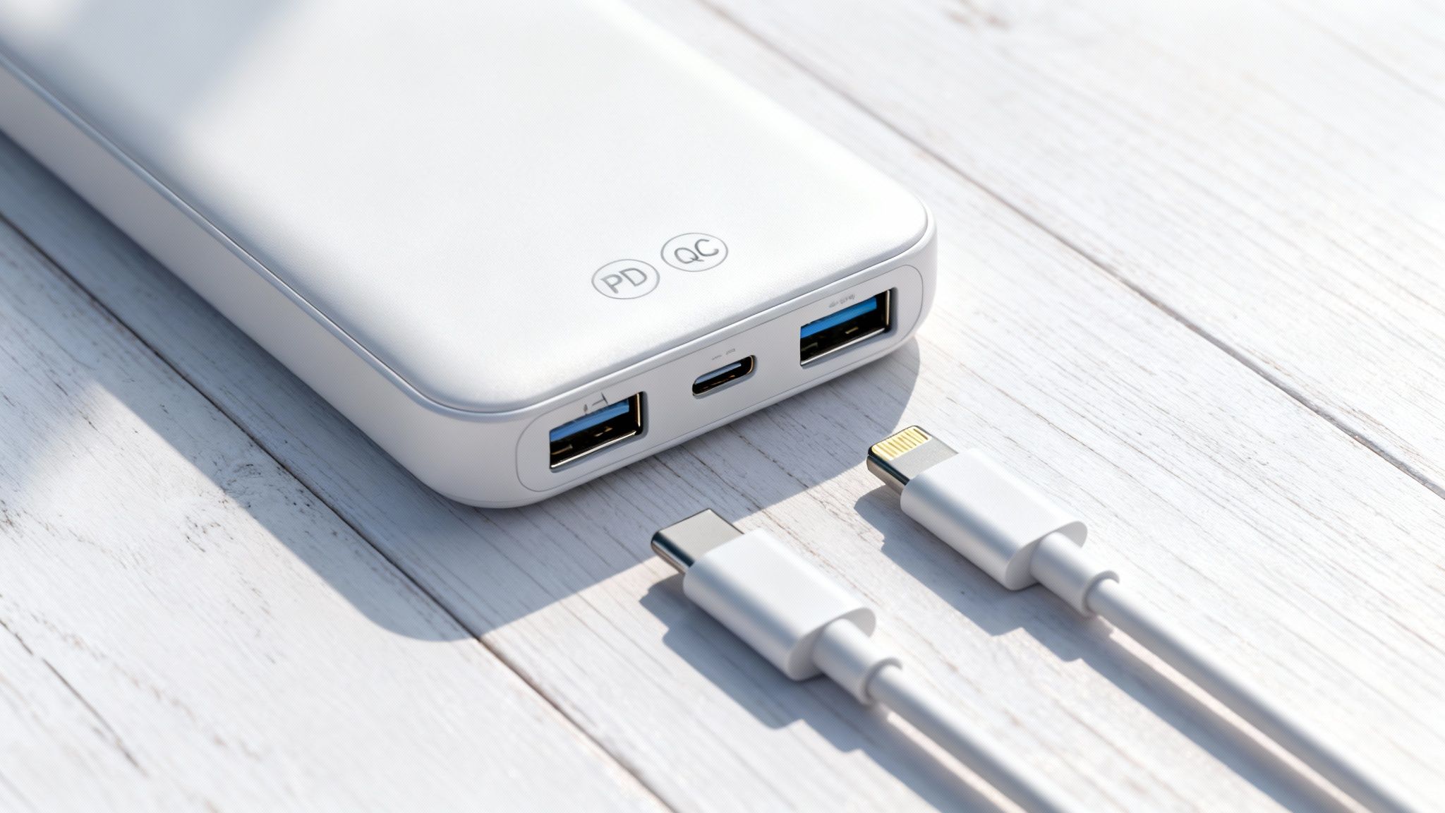 Λευκό power bank με θύρες USB και δύο καλώδια φόρτισης σε ξύλινο τραπέζι.