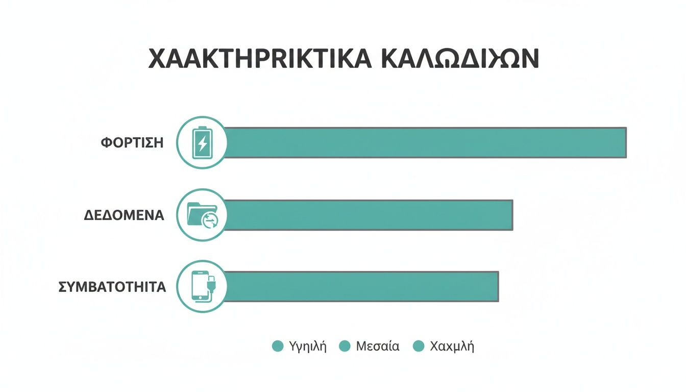 Διάγραμμα ράβδων που δείχνει τα χαρακτηριστικά καλωδίων: φόρτιση, δεδομένα και συμβατότητα, με επίπεδα απόδοσης.