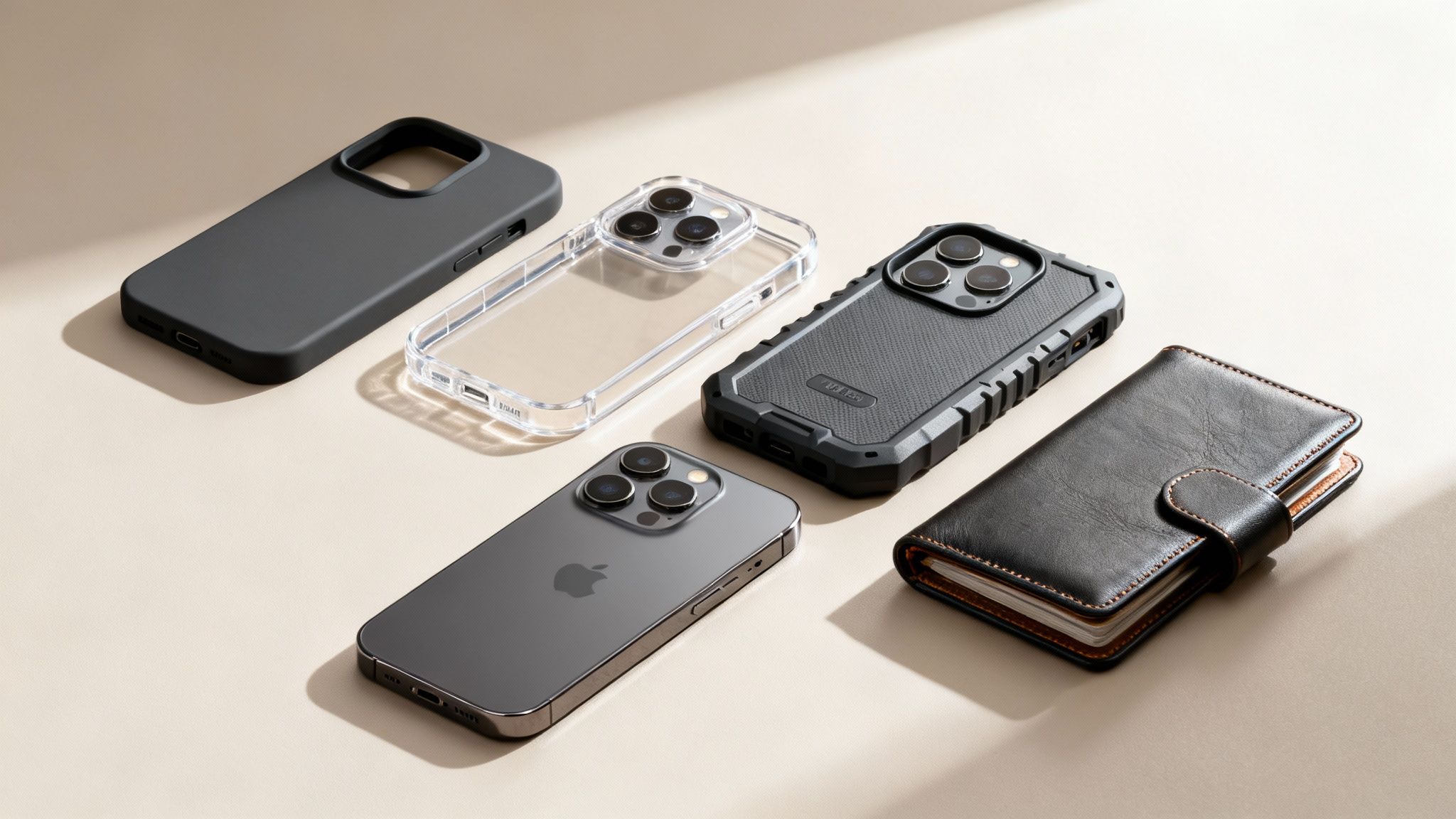Διάφορες θήκες για iPhone 15 Pro, συμπεριλαμβανομένων σιλικόνης, διάφανης, ανθεκτικής και θήκης πορτοφόλι.