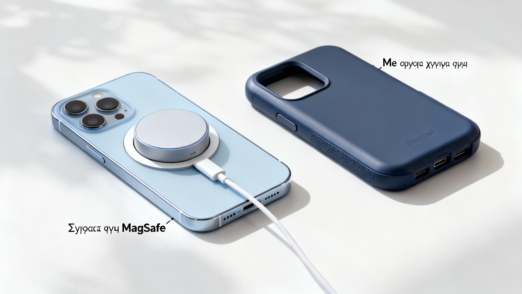 Γαλάζιο iPhone με ασύρματο φορτιστή MagSafe και σκούρα μπλε θήκη τηλεφώνου.