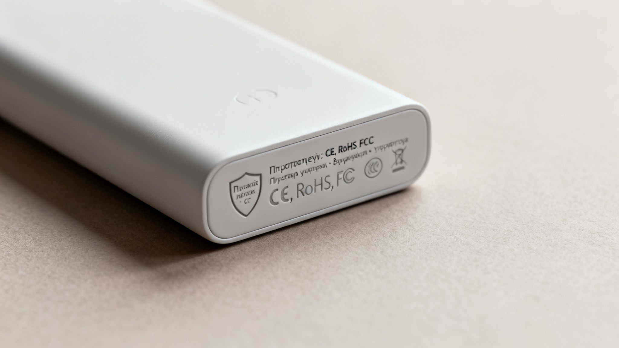 Λευκό power bank με τυπωμένες πιστοποιήσεις CE, RoHS, FCC και άλλα σύμβολα ασφαλείας.