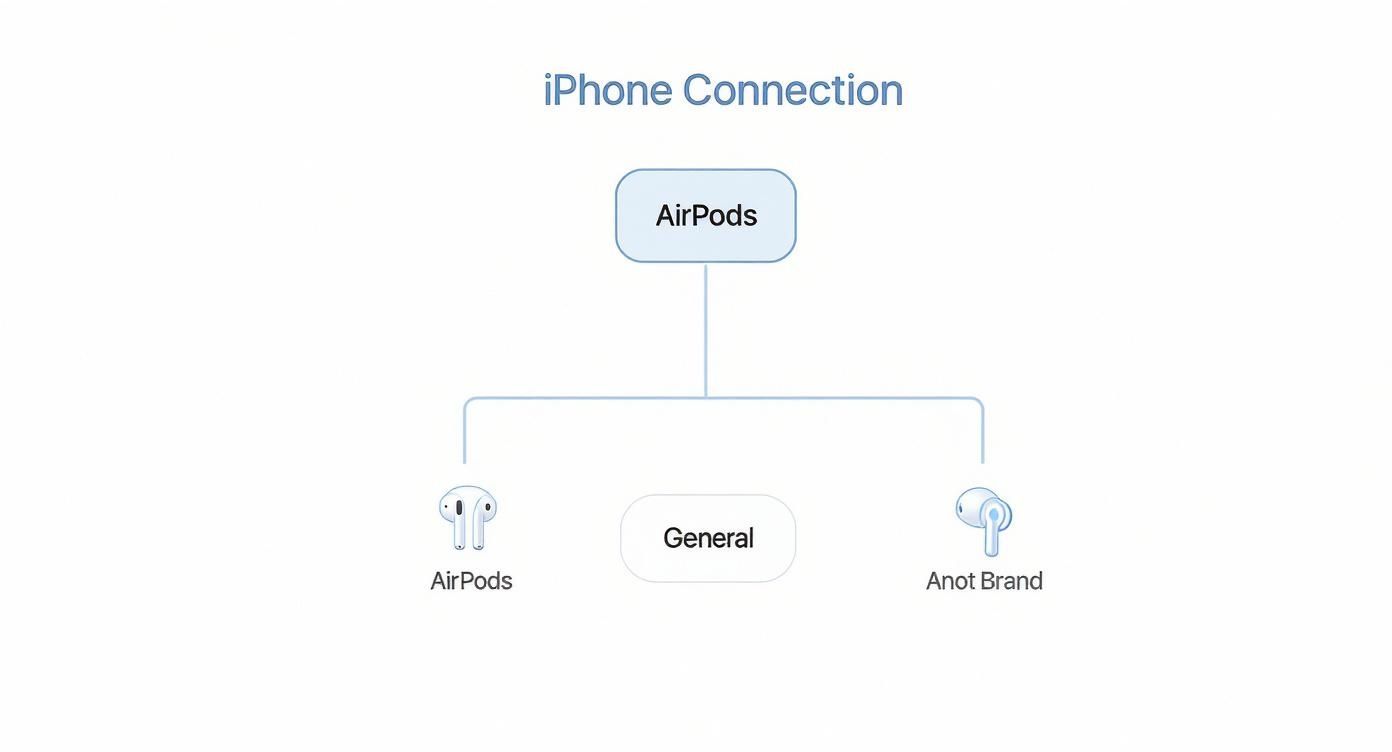 Διάγραμμα σύνδεσης iPhone με ασύρματα ακουστικά, που δείχνει AirPods, γενικές και άλλες μάρκες.