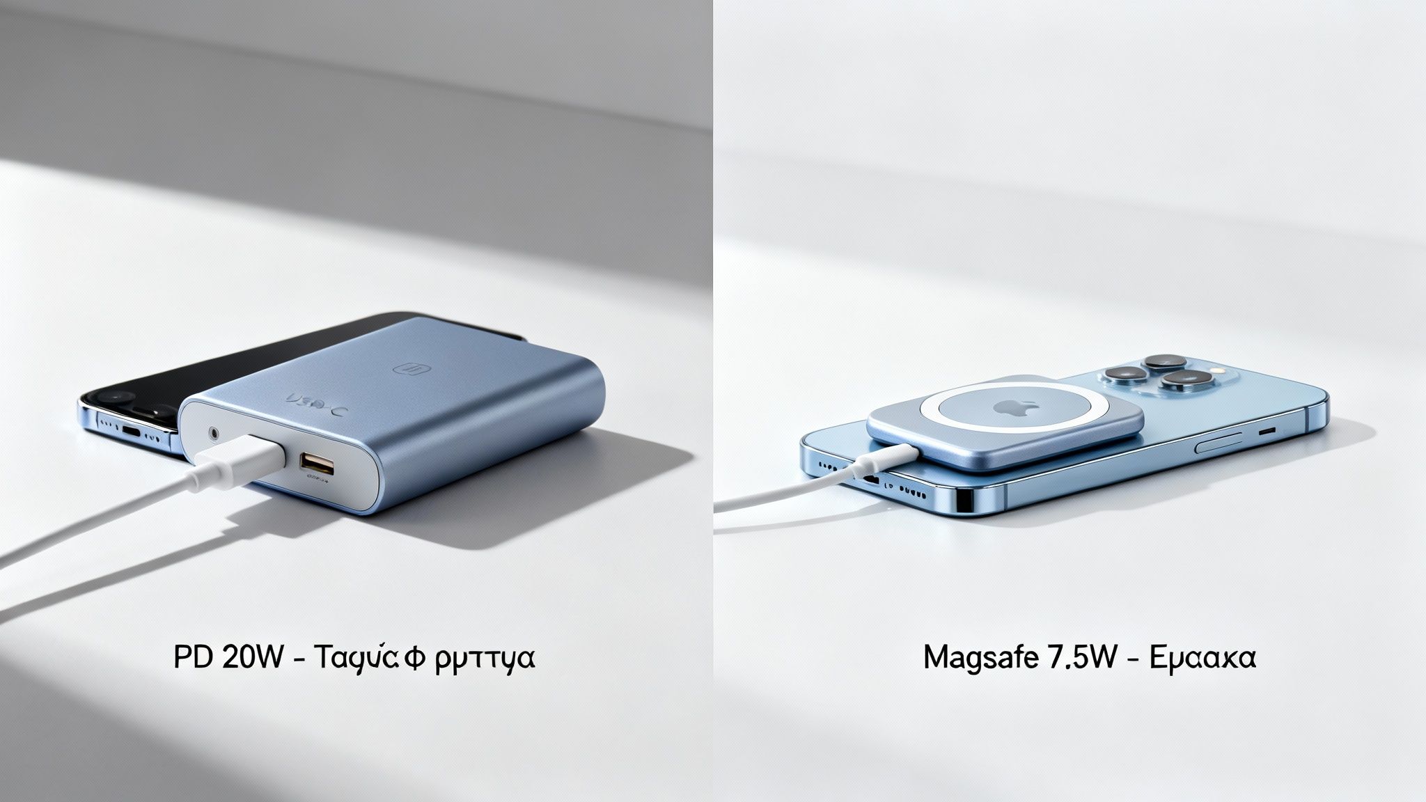 Δύο τρόποι φόρτισης iPhone: με φορητό φορτιστή USB-C 20W και με ασύρματο MagSafe 7.5W.