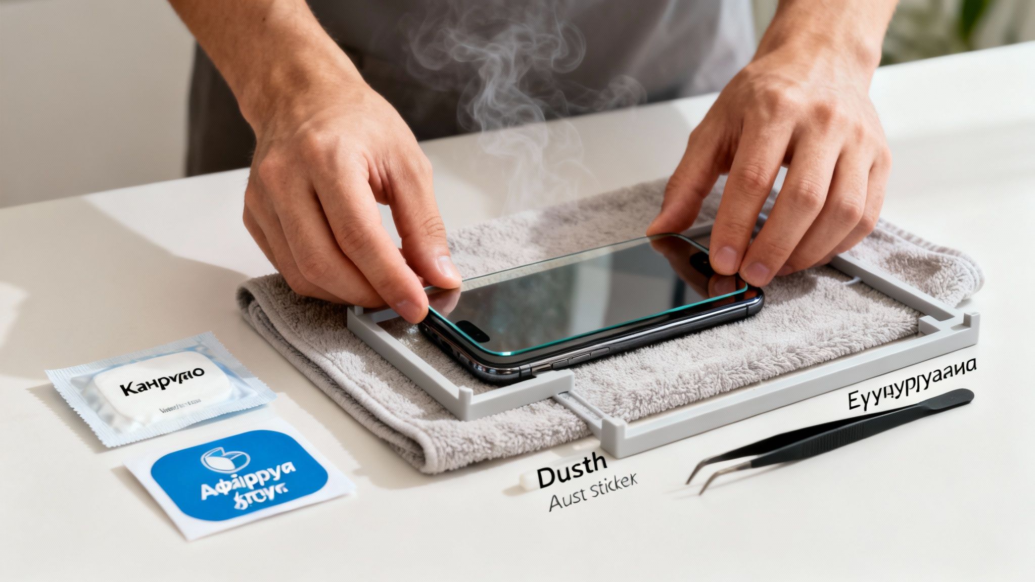 Χέρια εφαρμόζουν προστατευτικό οθόνης σε smartphone, με εργαλεία και πανάκια καθαρισμού σε πετσέτα.