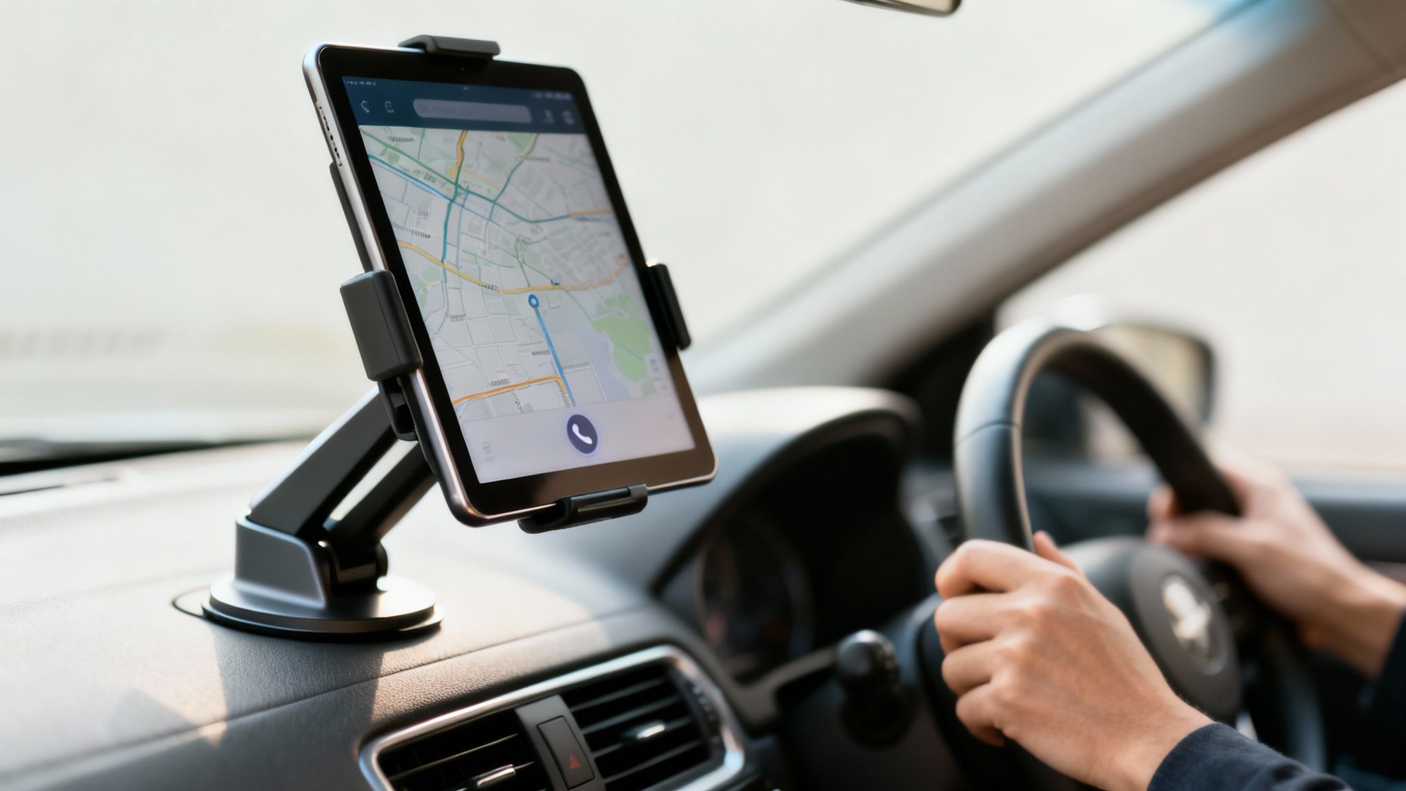 Οδηγός χρησιμοποιεί tablet με εφαρμογή πλοήγησης τοποθετημένο σε βάση στο ταμπλό του αυτοκινήτου, για καθοδήγηση διαδρομής.