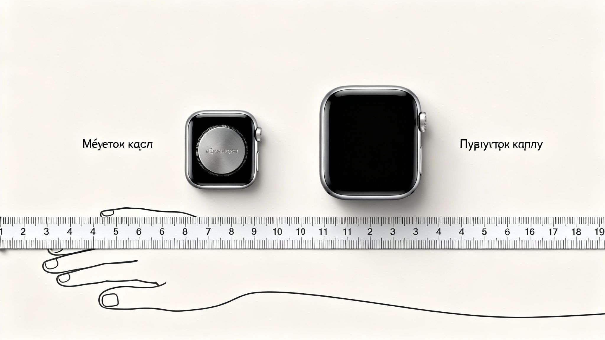 Δύο Apple Watch διαφορετικών μεγεθών εμφανίζονται δίπλα σε χάρακα και περίγραμμα χεριού.