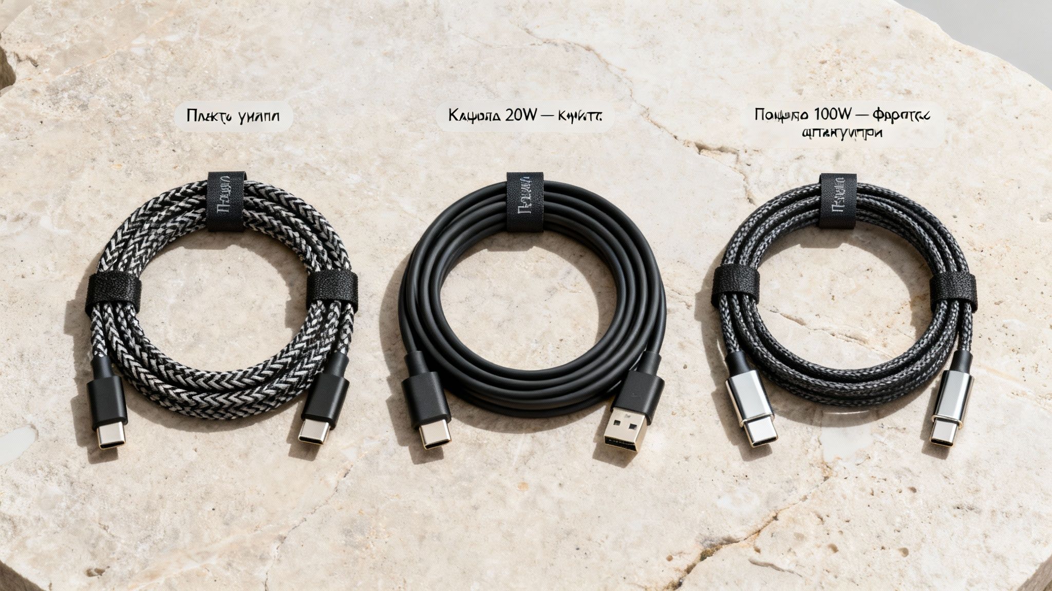 Τρία καλώδια φόρτισης Type-C σε διαφορετικά σχέδια και ισχύ, τοποθετημένα σε πέτρινη επιφάνεια.