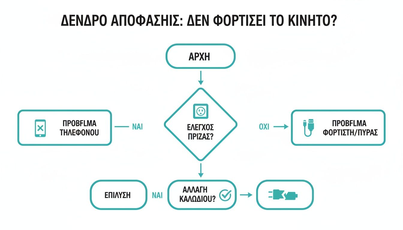 Διάγραμμα ροής αντιμετώπισης προβλημάτων για κινητό που δεν φορτίζει, με βήματα ελέγχου πρίζας, καλωδίου, φορτιστή.
