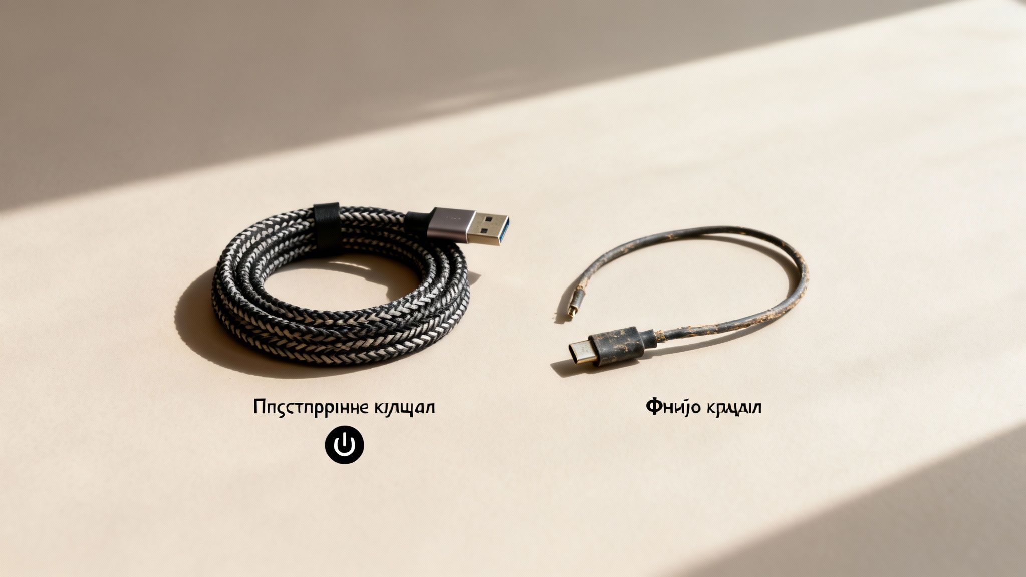 Ένα νέο πλεγμένο καλώδιο USB δίπλα σε ένα παλιό, φθαρμένο καλώδιο USB σε ανοιχτό φόντο.