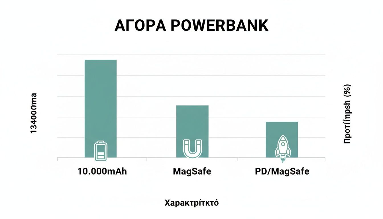 Διάγραμμα ράβδων προτίμησης αγοράς powerbank, με χαρακτηριστικά όπως 10.000mAh, MagSafe και PD/MagSafe.