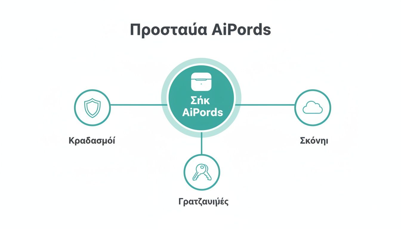 Διάγραμμα που απεικονίζει την προστασία AirPods από κραδασμούς, σκόνη και γρατζουνιές, με σχετικά εικονίδια.