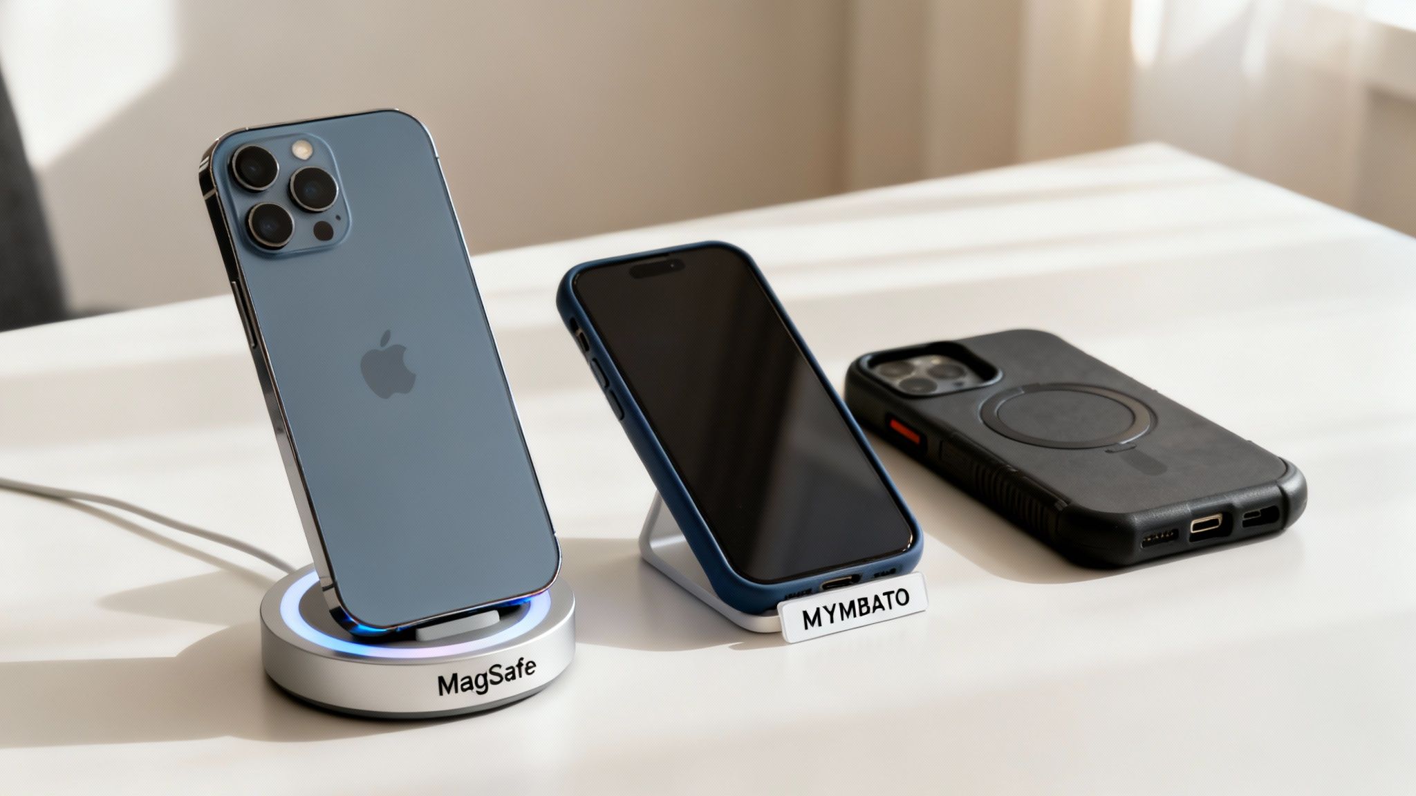 Τρία smartphones σε λευκό γραφείο, το ένα φορτίζει σε βάση MagSafe και τα άλλα σε θήκες.