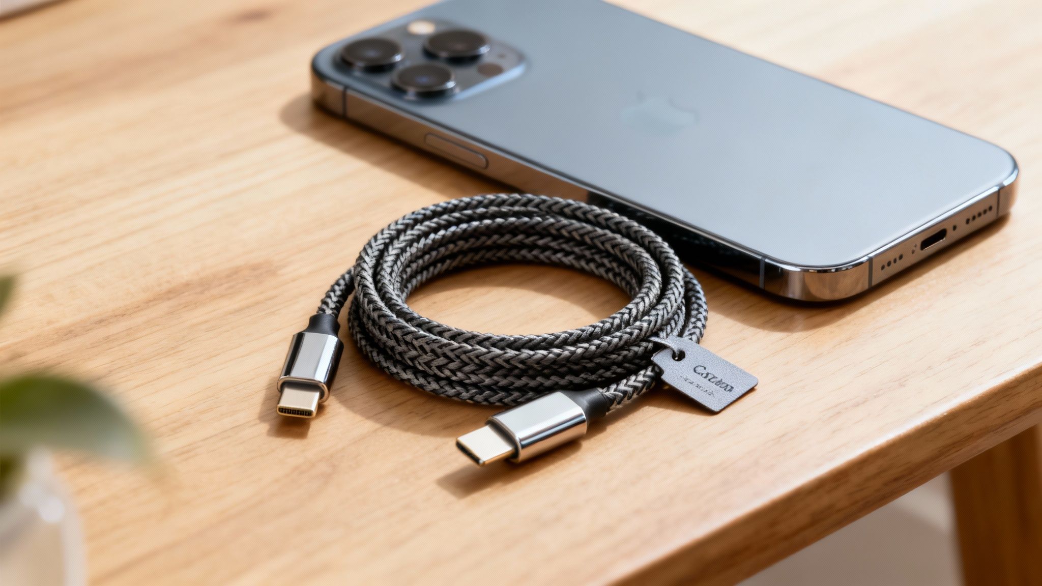 Ένα iPhone 15 Pro και ένα πλεγμένο καλώδιο USB-C σε USB-C σε ένα ξύλινο τραπέζι.