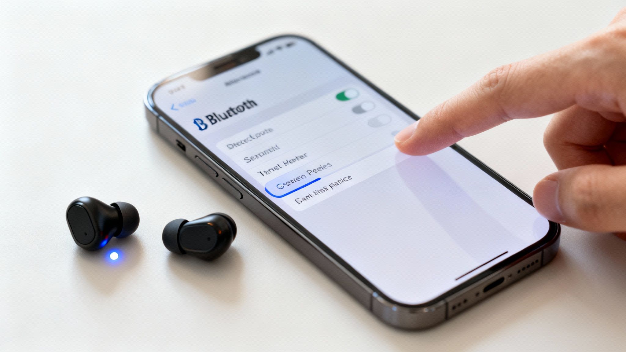 Άτομο συνδέει ασύρματα ακουστικά Bluetooth στο smartphone του, εμφανίζοντας τις ρυθμίσεις.