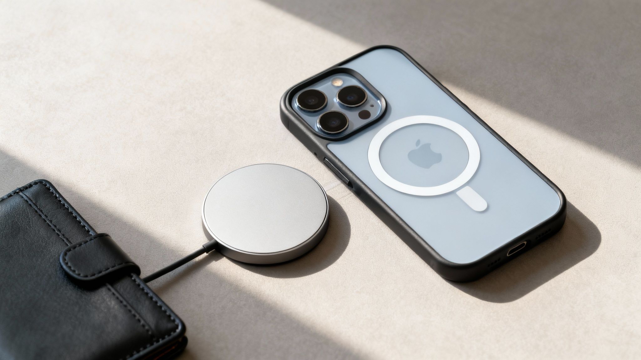 iPhone 15 Pro σε θήκη MagSafe, ασύρματος φορτιστής και πορτοφόλι σε επιφάνεια με φως.