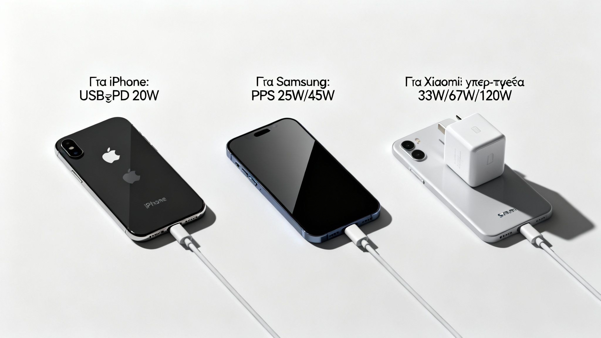 Τρία smartphone (iPhone, Samsung, Xiaomi) φορτίζονται, με ενδείξεις για πρότυπα και ισχύ ταχείας φόρτισης.