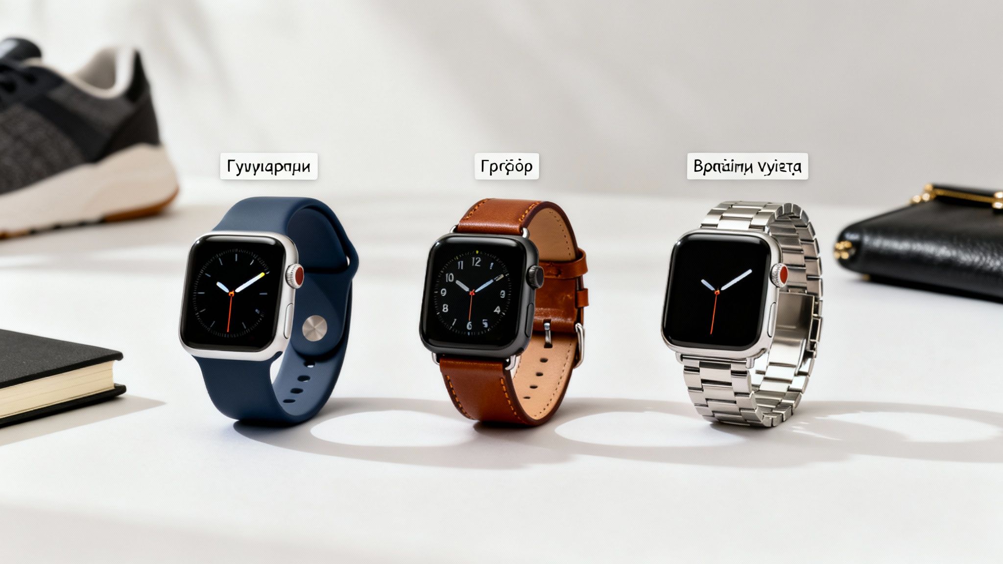 Τρία smartwatches Apple Watch με διαφορετικά λουράκια: ένα μπλε σιλικόνης, ένα καφέ δερμάτινο και ένα ασημένιο μεταλλικό.
