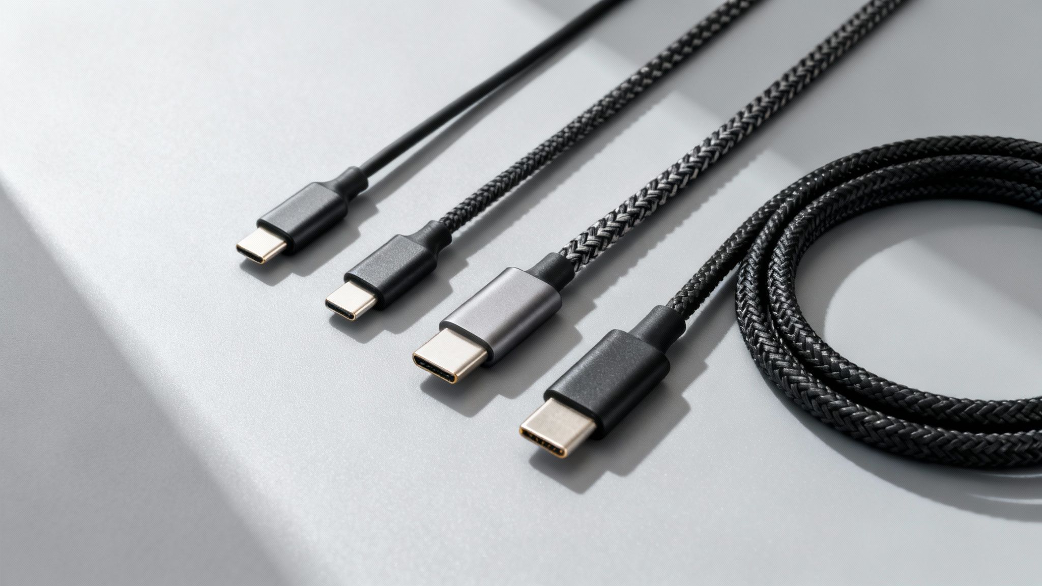 Τέσσερα καλώδια USB-C με διαφορετικές υφές σε γκρι επιφάνεια με σκιές.