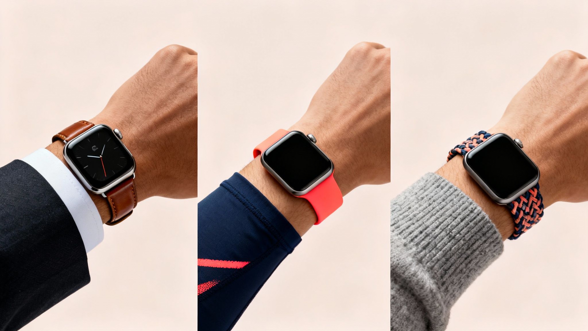 Τρεις καρποί φορούν Apple Watch με διαφορετικά λουράκια: καφέ δέρμα, κοραλί σιλικόνη και πλεκτό μπλε/κοραλί.