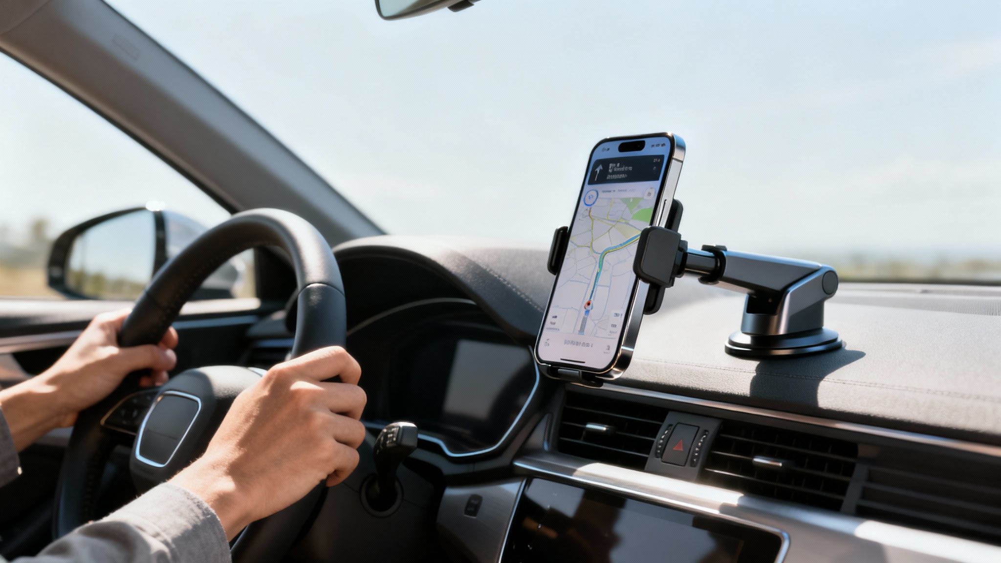 Άτομο οδηγεί αυτοκίνητο με smartphone σε βάση στο ταμπλό, δείχνοντας χάρτη πλοήγησης.