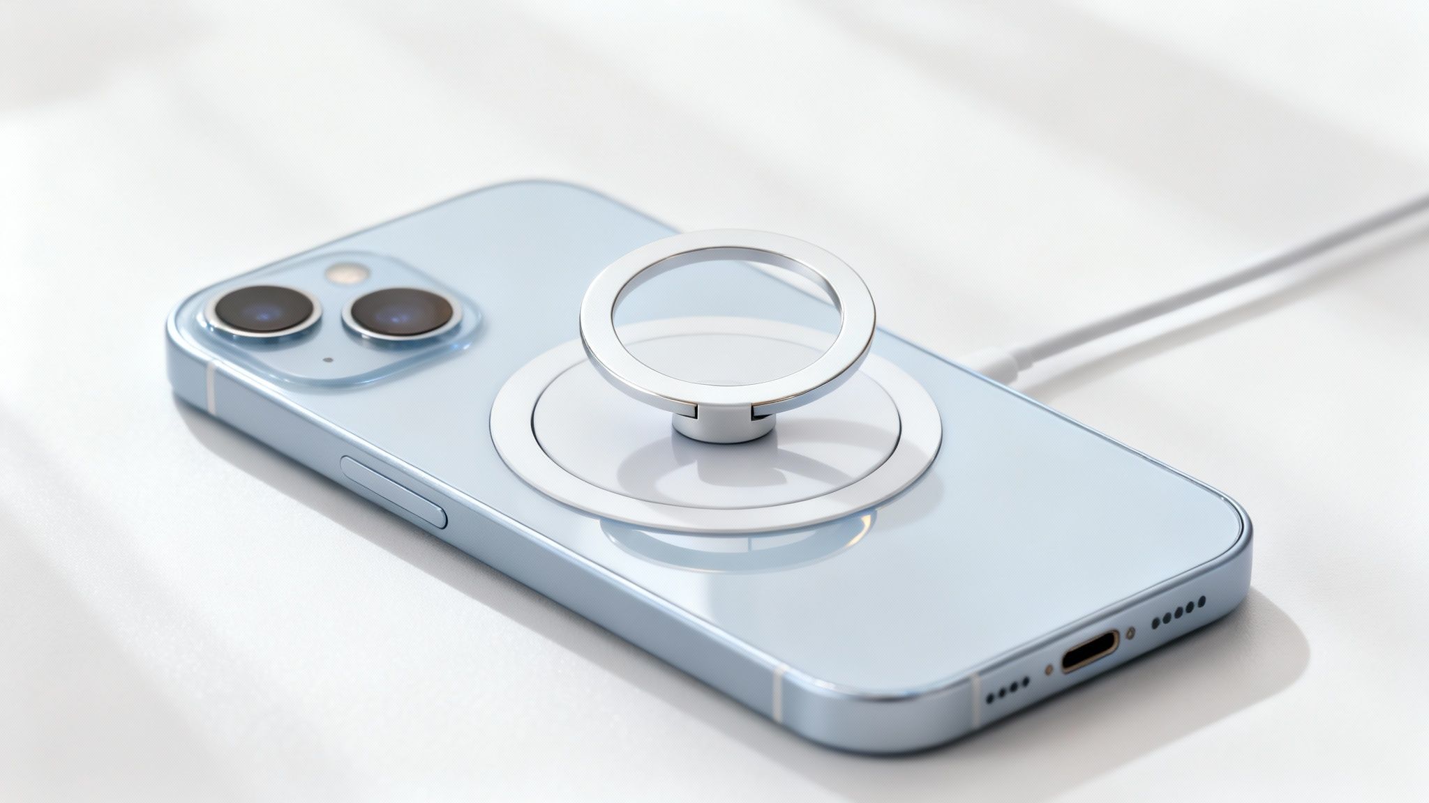 Γαλάζιο iPhone 13 με μαγνητική βάση δαχτυλίδι και καλώδιο φόρτισης σε λευκή επιφάνεια.