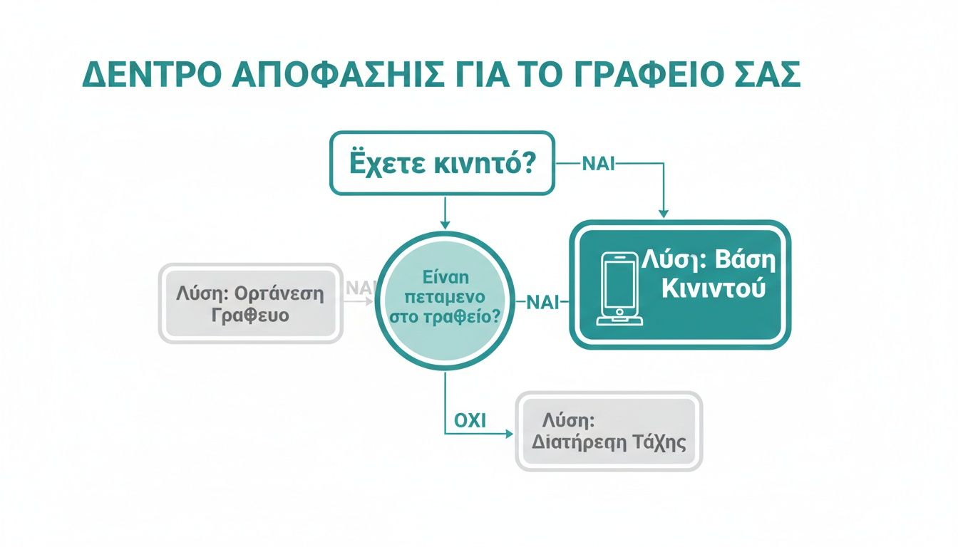 Διάγραμμα ροής απόφασης για οργάνωση γραφείου με ερωτήσεις για κινητό τηλέφωνο, προτείνοντας βάση κινητού ή οργάνωση χώρου.