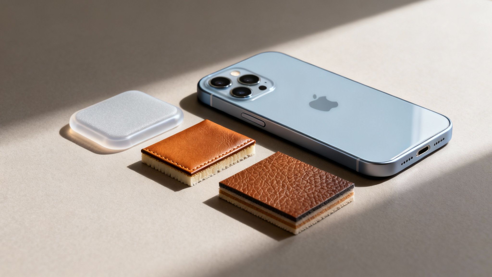 Φωτογραφία ενός γαλάζιου iPhone 13, ενός διάφανου αξεσουάρ και δερμάτινων δειγμάτων σε επιφάνεια με σκιά.