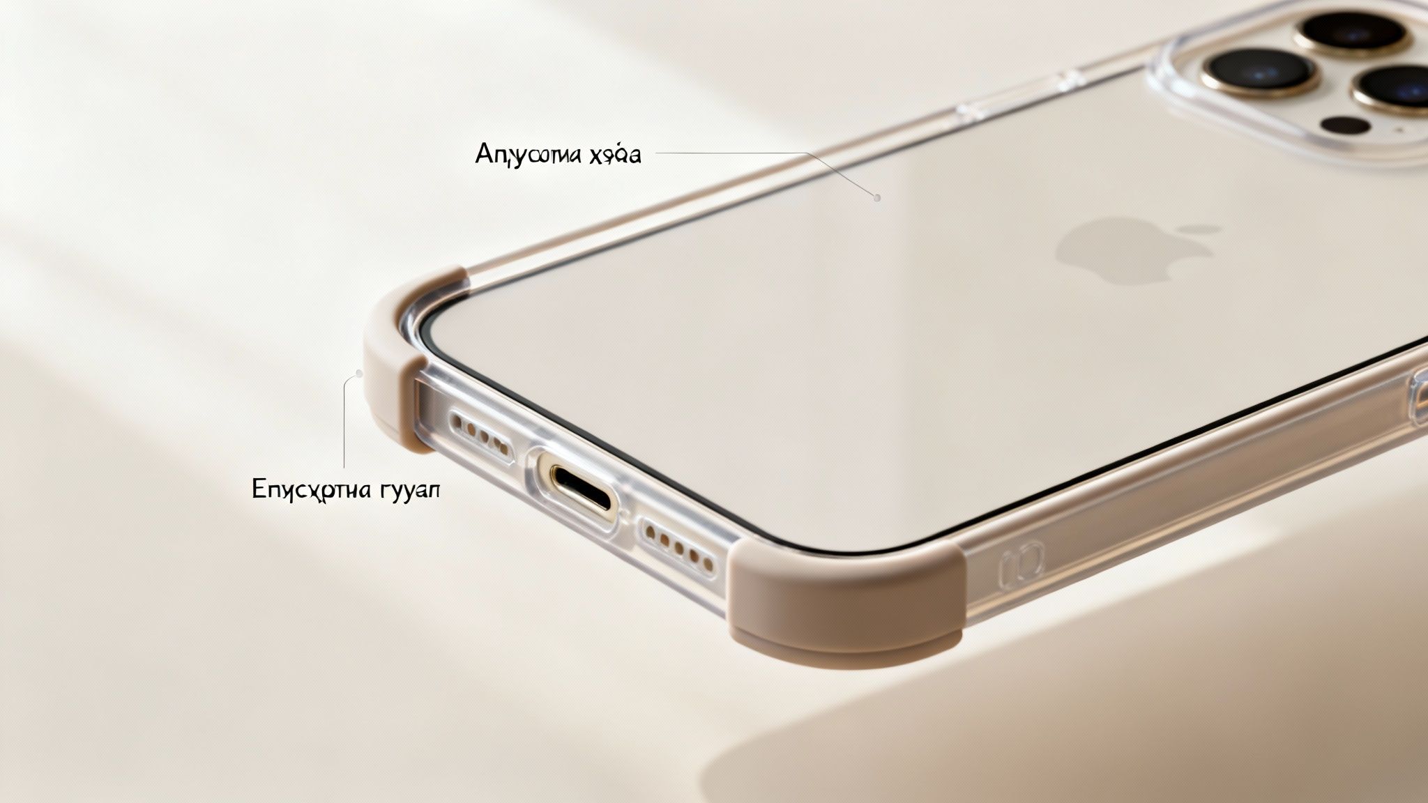 Κοντινό πλάνο ενός iPhone 13 σε διαφανή θήκη με ενισχυμένες γωνίες, αναδεικνύοντας την κάτω πλευρά.