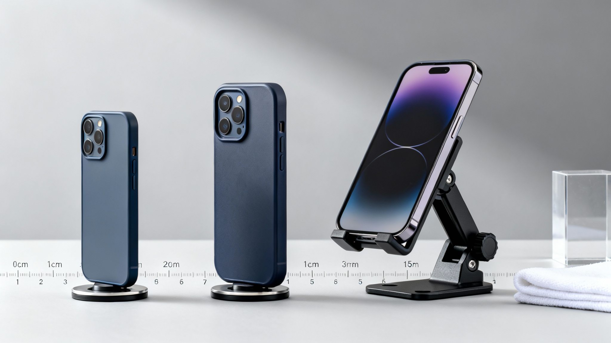 Τρία iPhone με θήκες και βάσεις στήριξης, με φόντο κλίμακα μέτρησης.