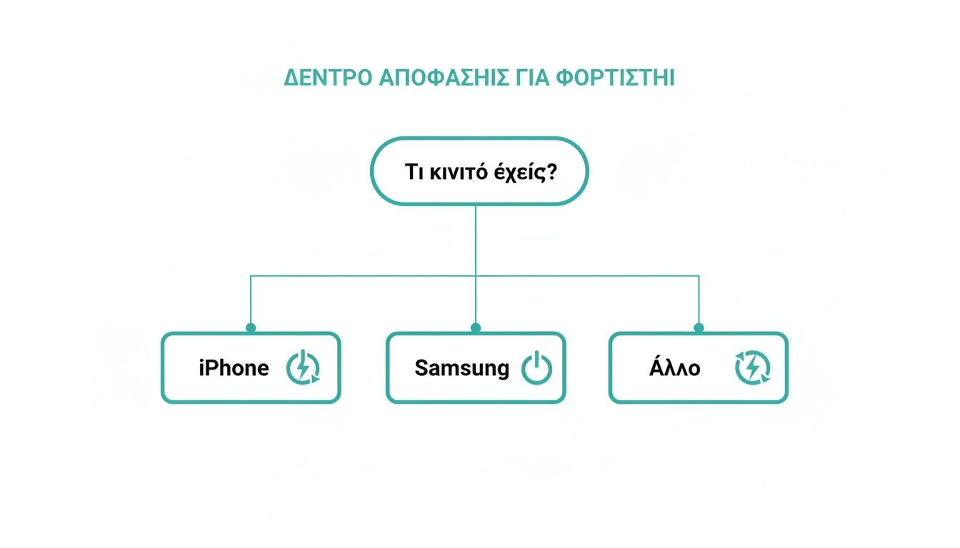 Δέντρο απόφασης για την επιλογή του κατάλληλου φορτιστή κινητού τηλεφώνου ανάλογα με τη μάρκα.