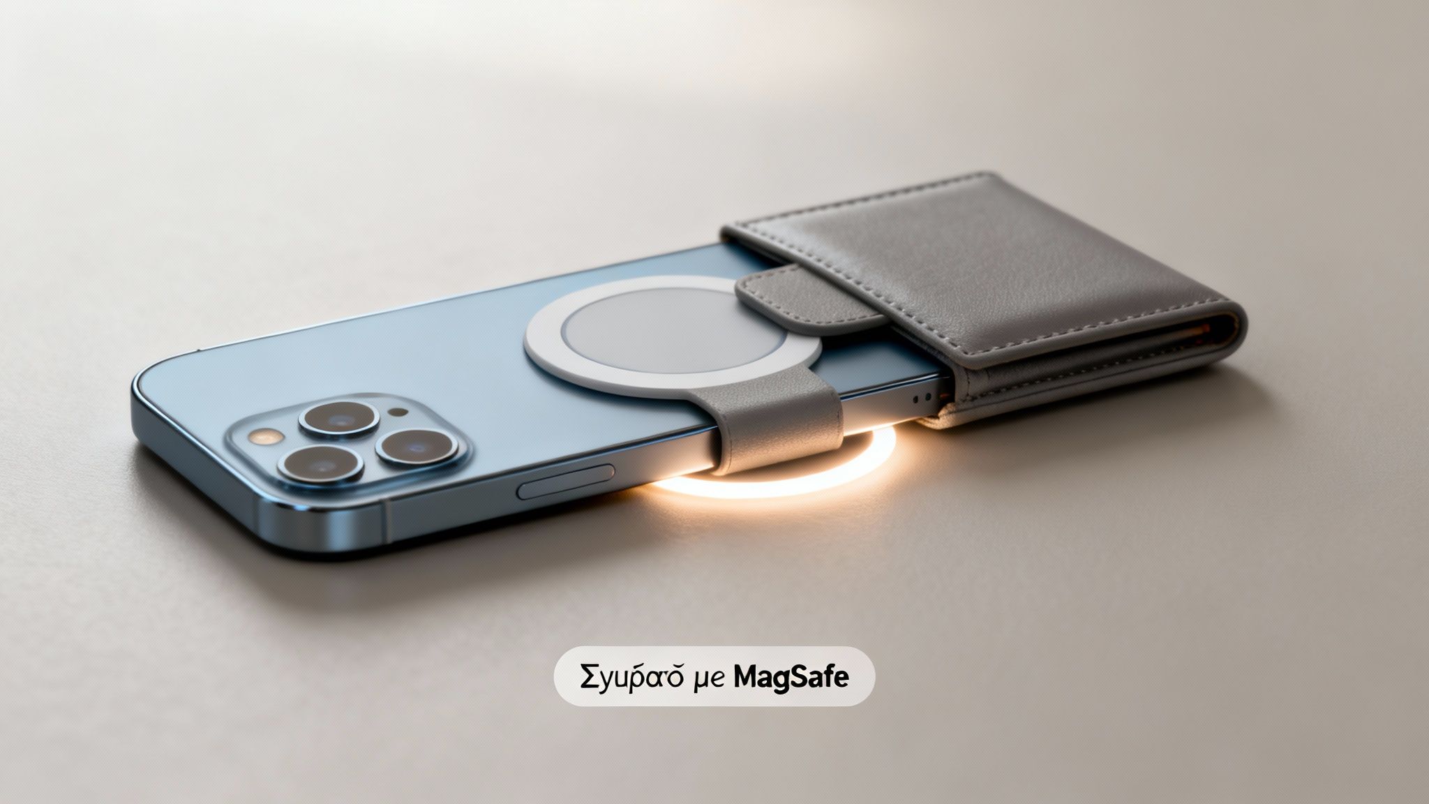 Ένα μπλε iPhone 13 Pro με MagSafe πορτοφόλι και φορτιστή, που λάμπει κατά τη φόρτιση.