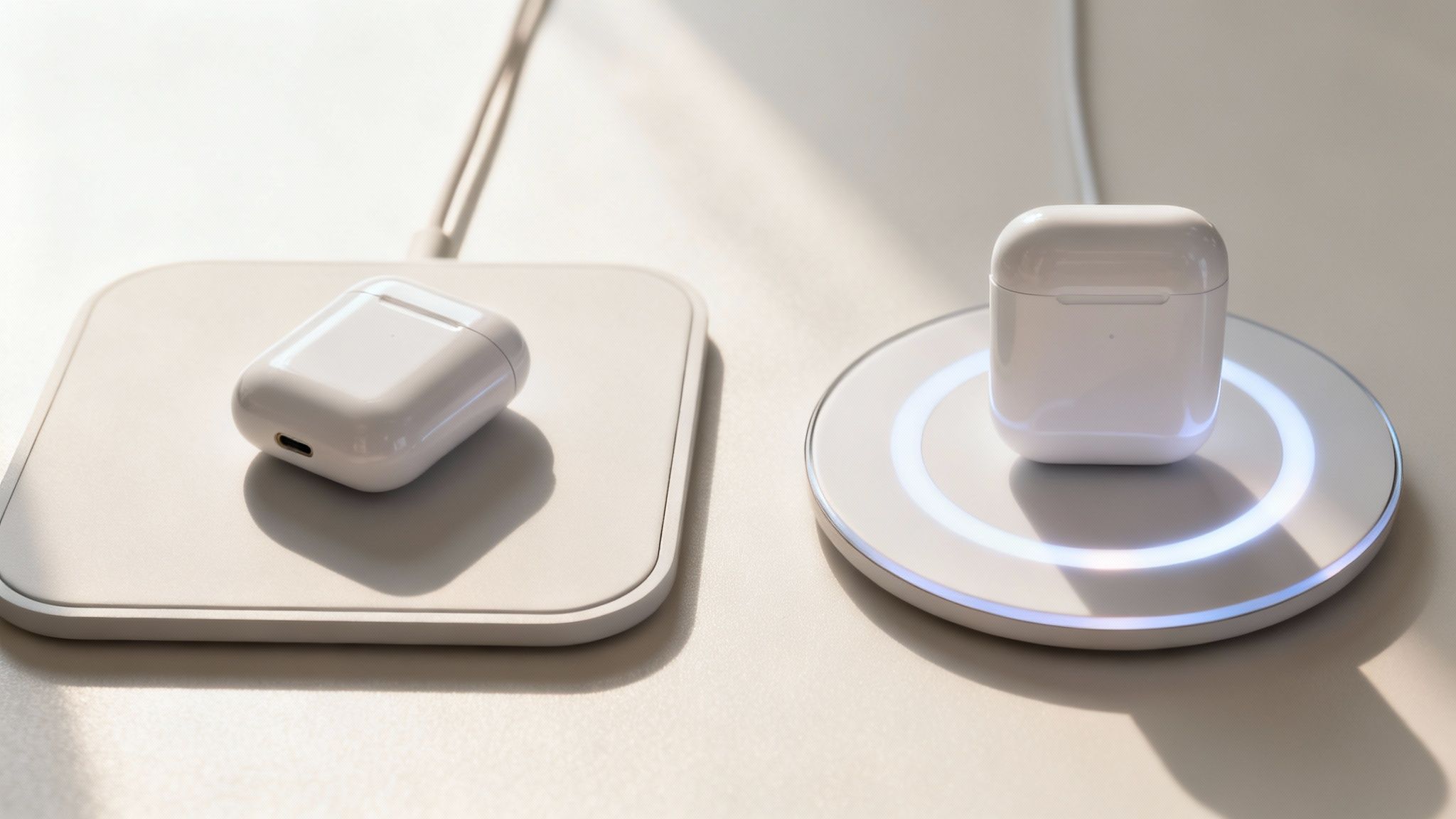 Δύο λευκές θήκες AirPods σε ασύρματους φορτιστές. Η μία έχει ορατή θύρα USB-C, η άλλη λάμπει με μπλε φως.