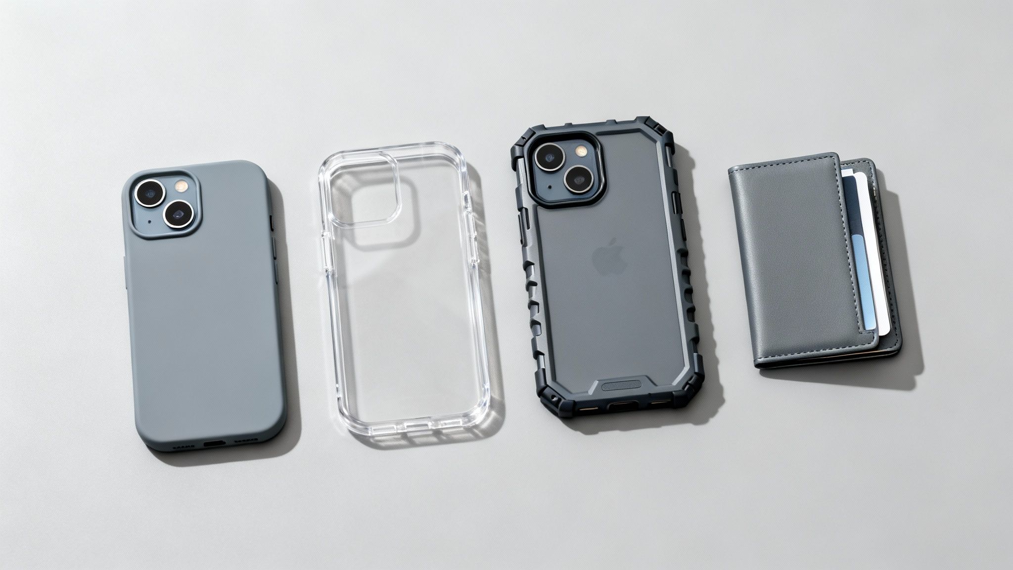 Διάφορες θήκες iPhone 13 και ένα γκρι πορτοφόλι με κάρτες σε λευκό φόντο.