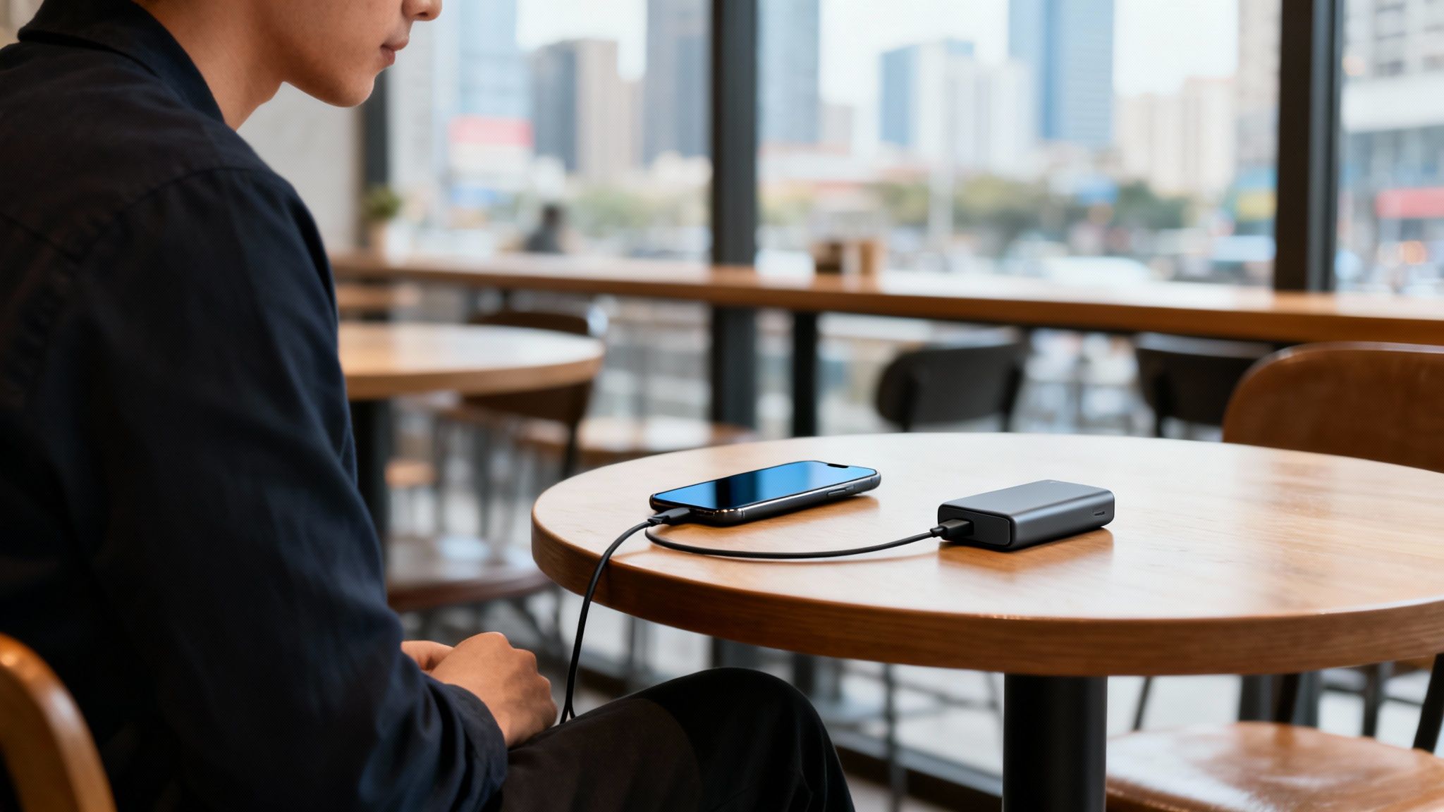 Άνδρας φορτίζει το κινητό του τηλέφωνο με power bank σε ένα μοντέρνο καφέ.