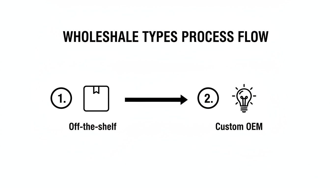 Wholesale types process flow diagram showing off-the-shelf products and custom OEM solutions.