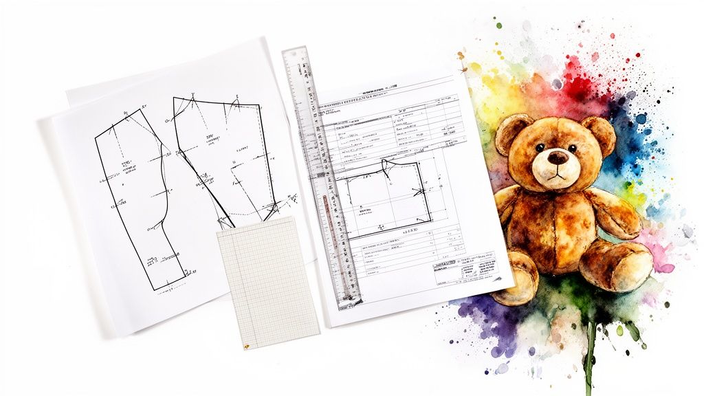 Sewing patterns, a ruler, graph paper, and a cute teddy bear with watercolor paint splatters.