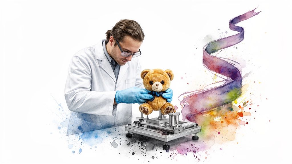 A scientist in a lab coat and gloves examines a teddy bear on a testing device, surrounded by colorful watercolor splashes.