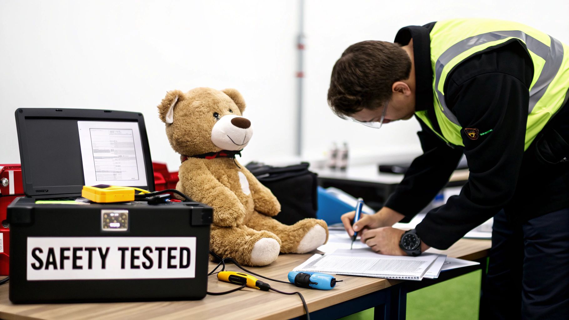 A man in a safety vest fills out paperwork next to a teddy bear, laptop, and a 'SAFETY TESTED' box.