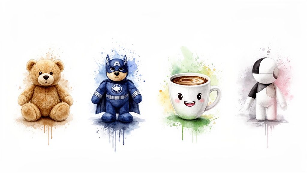 Four watercolor illustrations: a teddy bear, a superhero bear, a smiling coffee mug, and a robot.