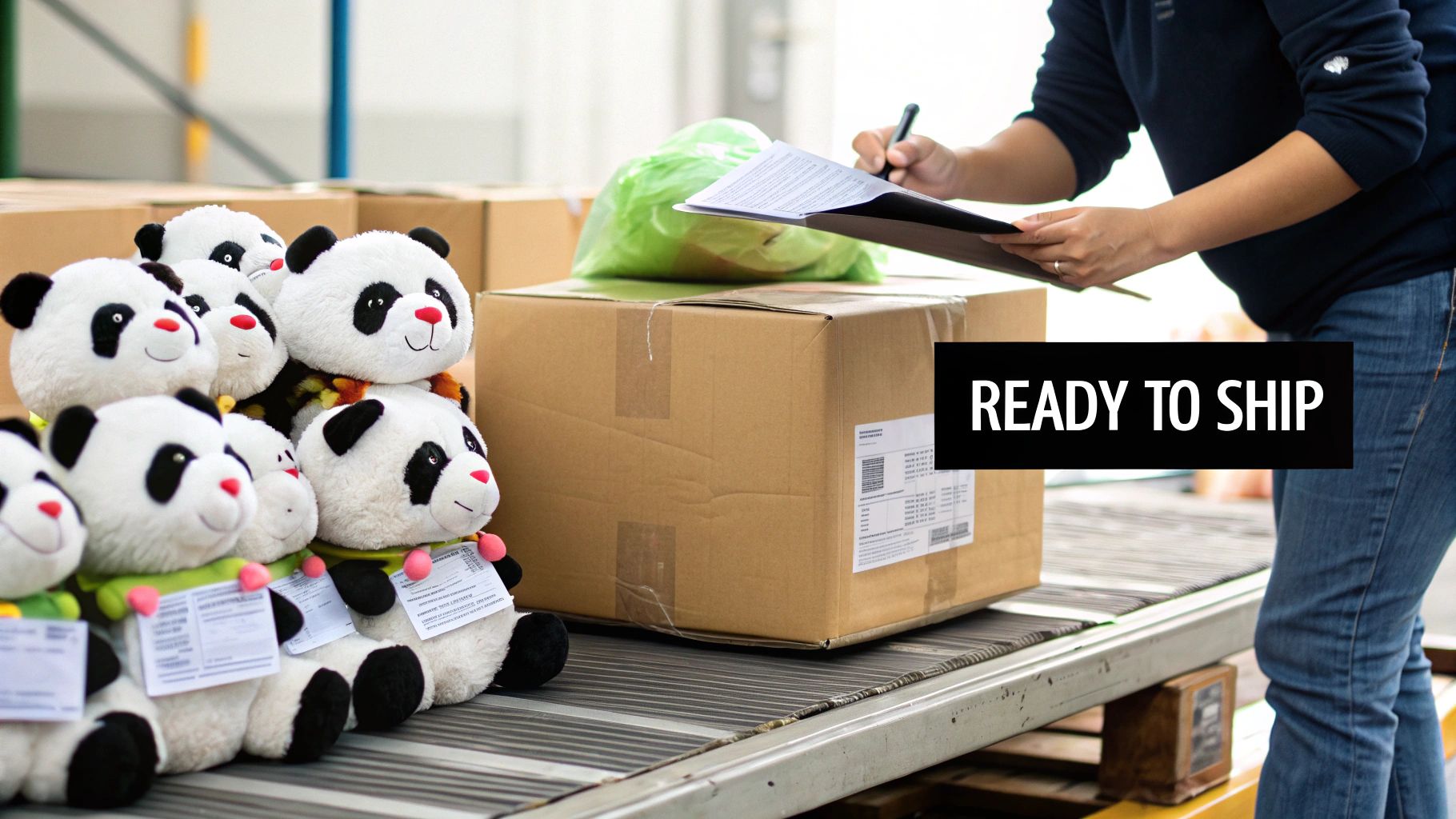 A person signs shipping documents for a cardboard box filled with panda stuffed animals on a conveyor belt, ready to ship.